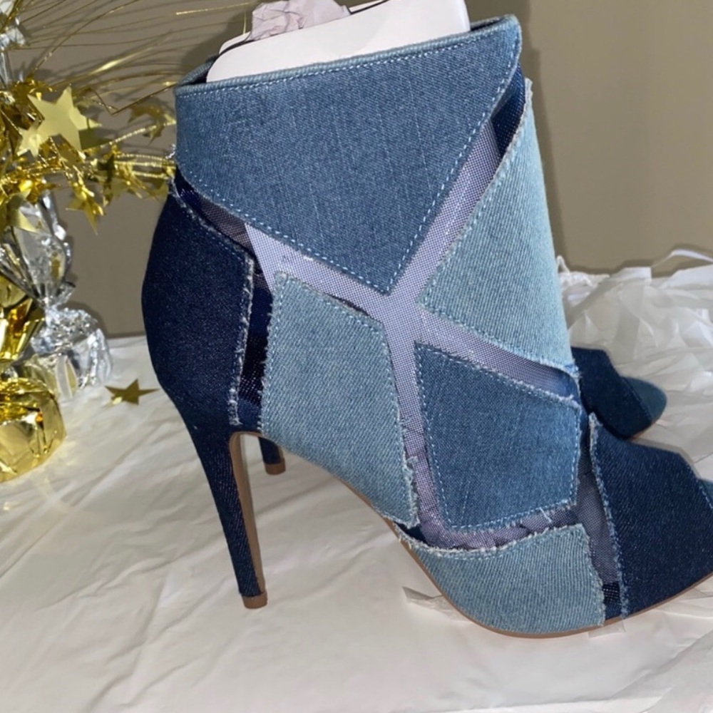 Blue Denim Patchwork Ankle Open Toe Booties
